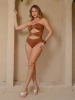 Maiô Body Collant Com Argolas Douradas Tomara que Caia Com Bojo - Imagem 4